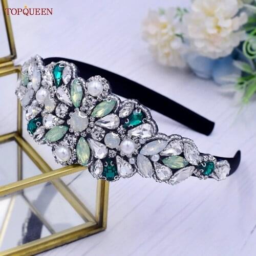 TOPQUEEN S443-FG Green Rhinestone Hairband For Women Baroque Headhoop Party Prom Hair Accessories Pearl Crown Tiara For Women
