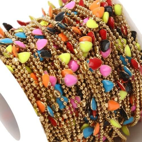 Gold tone Stainless Steel Ball beads Chain with colorful Enamel heart charm pendant for DIy jewelry making