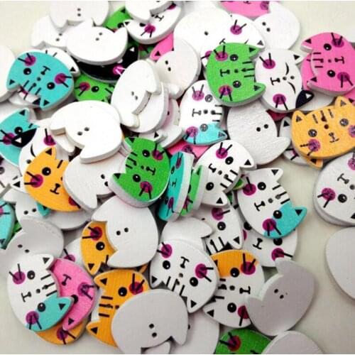100 Pcs Cute Cat Wooden Buttons Mixing Animal 20x15mm For Sewing Child Clothes Crafts Decorative Needlework DIY Accessories