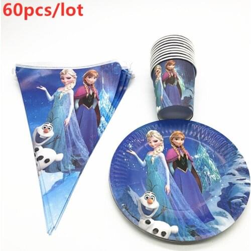 60Pcs Cartoon Disney Frozen Theme Design Baby Shower Tableware Kids Birthday Party Paper Cup Plate flags Decorations Supplies