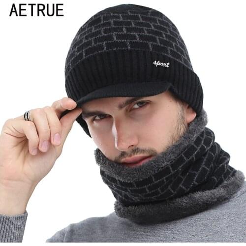 AETRUE Winter Hat Skullies Beanies Men Women Knitted Hat Scarf Winter Caps Mask Balaclava Bonnet Cap Wool Fur Beanies Hats 2019