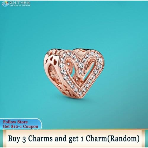 Ahthen S925 Silver Beads Sparkling RoseFreehand Heart Charm fit Original Pandora Bracelets DIY Jewelry for Women