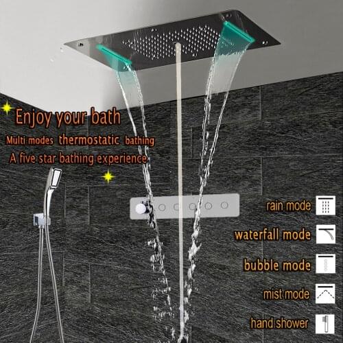 Large flow Thermostatic Concealed Push Button Shower Mixer LED Ceiling Shower Head Luxury Bath Shower Rain Waterfall Bubble Mist