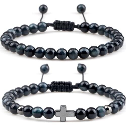 Natural Tiger Eye Bracelet High Quality Colorful Brown Blue Chakra Beads Cross Bangle Adjustable Strand Bracelets Prayer Jewelry