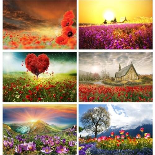 Laeacco Dusk Flowers Field Spring Scenery Photography Backdrop Seamless Customized Photographic Background For Photo Studio