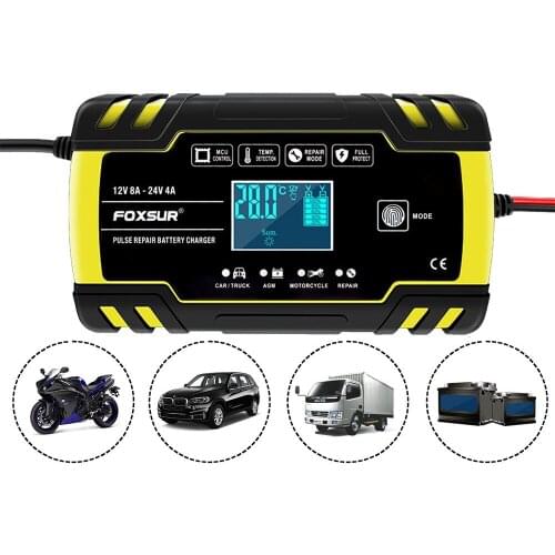 FOXSUR 12V 24V 8A Pulse Repair Charger with LCD Display for AGM GEL WET Lead Acid Motorcycle Automatic Car Battery Charger