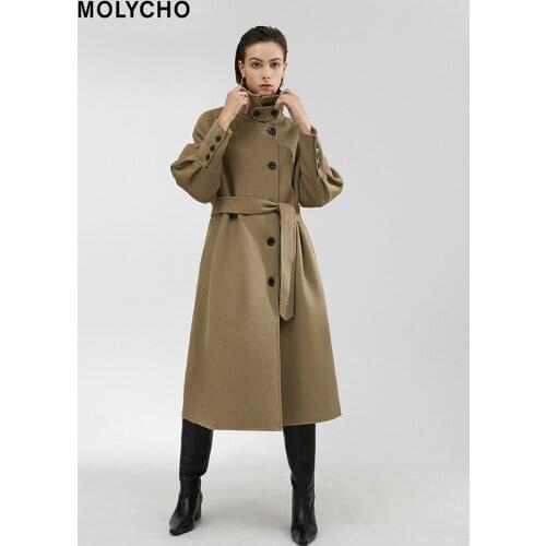 French simplicity ~ lace-up design wool double-sided woolen coat, temperament mid-length woolen coat women