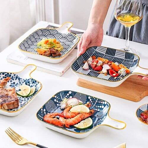 Japanese Style Single Handle Ceramic Plates Creative Retro Square Underglaze Baking Breakfast Pasta Dessert Snack Ceramic Plates
