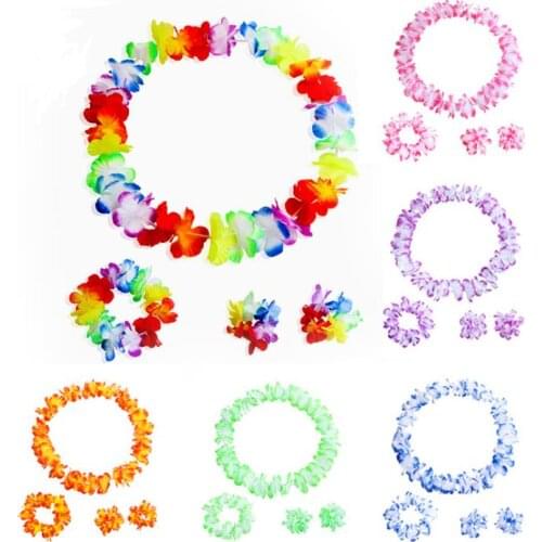 Colorful Hawaiian Flowers Tropical Garland Necklace Bracelets Headband set 4pcs Beach Costume Party Decorations Supplies SN1053