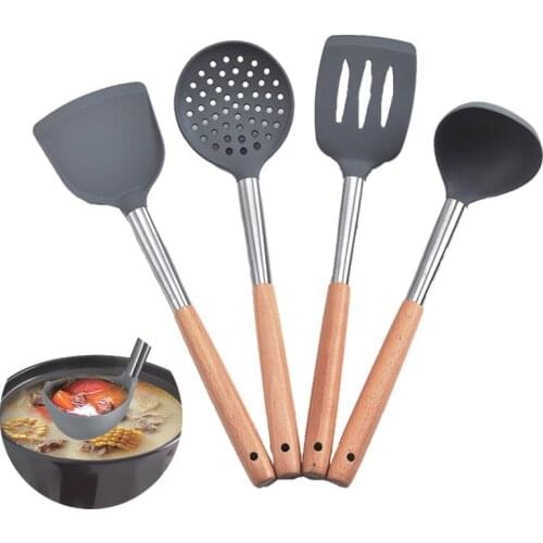 Lightweight and Easy to Clean Non-Stick Silicone Cooking Utensils Natural Hard Wood Handle Cookware