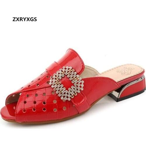 Top Cowhide Breathable Hollow Fish Mouth Summer Slippers Women Sandals Patent Leather Rhinestones Sandals Low Heel Large Size