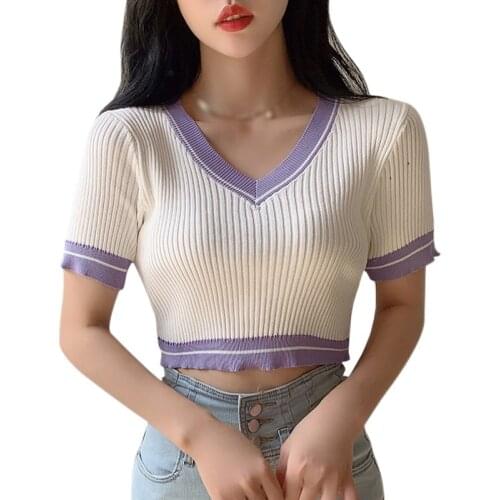 Summer Women’s T-Shirt V-Neck Sexy Slim And Versatile Open Navel Knitted Short Sleeve Tee Top