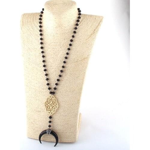 MOODPC Fashion Bohemian Jewelry 8mm Glass Rosary Chain Metall Grid Link Ox Horn Moon Necklaces For Women Necklace