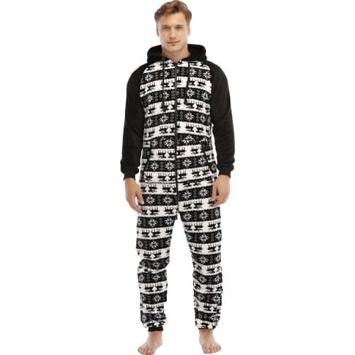 Man Flannel Jumpsuit Long Sleeve Sweatshirt Mens One-piece Pajama Casual Christmas Black Print Tracksuit