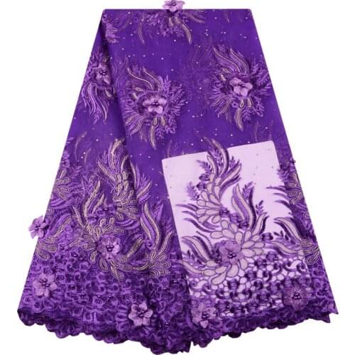 New Popular African Tulle Lace With Beads Purple 3D Flower Embroidered Appliques French Net Lace Fabric 5 yards For Dress S1439