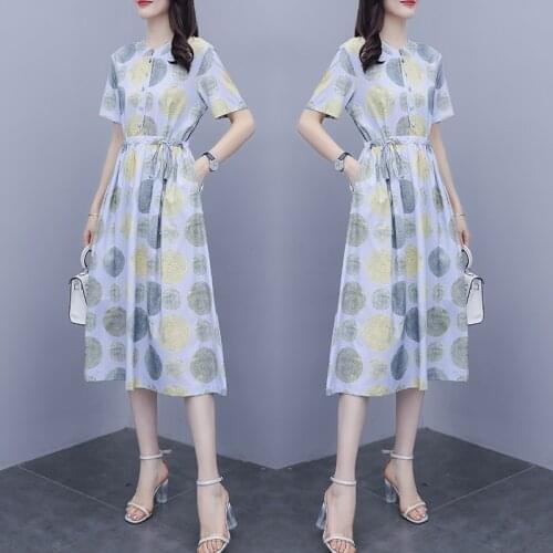 Cotton Linen Printed Dress 2020 Womens Summer Casual Temperament Vestidos Slim O-neck Short Sleeve Mid-length Dress Women Q113