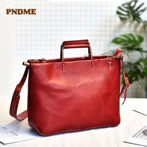 PNDME retro fashion Genuine leather ladies large-capacity handbag daily simple casual work party oneshoulder diagonal bag