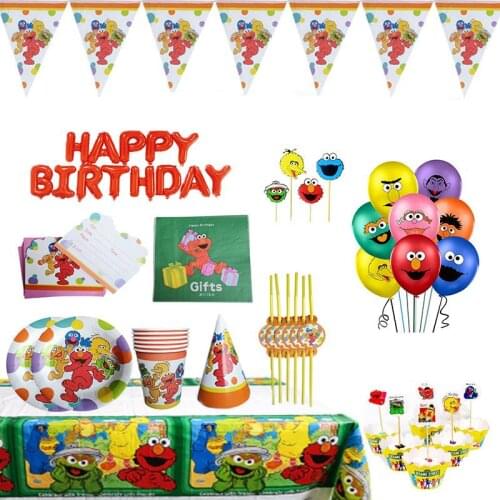 Sesame Street party Supplies Elmo Theme Backdrops Party Disposable Tableware Set Paper Plates Straws Napkins Birthday Decoration