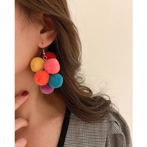 Rainbow Pom Pom Earrings For Women Girls Candy Color Cute Fluffy Dangle Earrings Fashion Jewelry 2020 New Pendientes