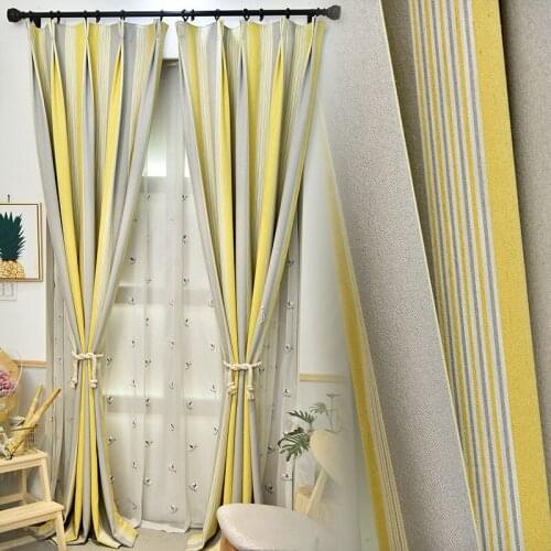 Nordic Ins Wind Living Room Bedroom Study Cotton and Linen Yellow Striped Printed Curtain Cloth Finished Product Customization