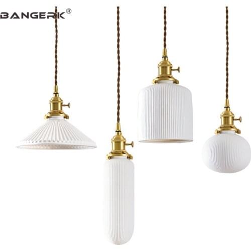 Japanese Loft Decor LED Pendant Light Simple Modern Brass White Ceramic Hanging Lamp Switch Home Lighting Fixtures Droplight