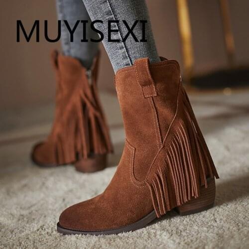 Western boots streetwear round toe 6cm high square heel zipper fringe tassel energy lady handmade cozy ankle boots TN32 MUYISEXI