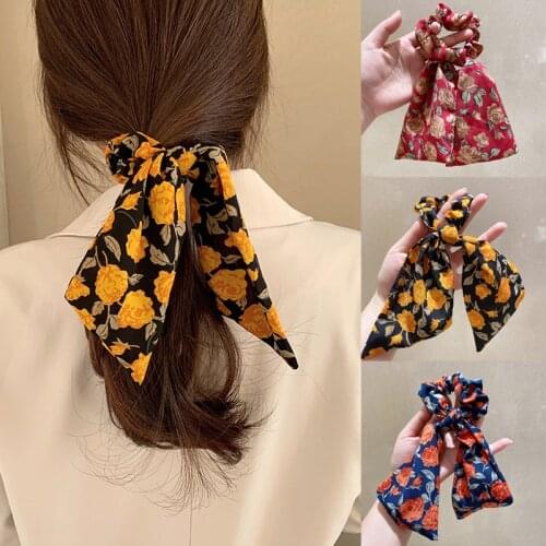 Ruoshui Woman Printed Floral Hair Scrunchies Rose Flower Hair Ties Girls Hair Accessories Rubber Band Ladies Pontail Holders