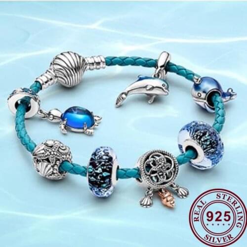 100% S925 Sterling Silver Summer Ocean Series Blue Secret Fish Starfish Turtle Glass Shell Leather Fashion Pan Bracelet Female