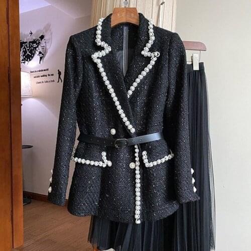 M-4XL Two Piece Sets Fashion All-Match Suit Jacket Pearl High Waist Skirt Set Female Spring Fall Mesh Skirt Saia Outfit 8160958