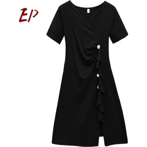 EP 2021 Fashion Summer New Black Short Sleeve Bodycon Dress A-Line V-Neck Split Casual Dresses For Women