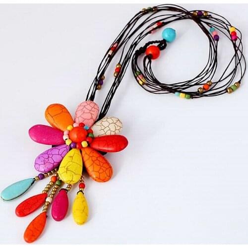 FishSheep Statement Natural Stone Necklace For Women Handmade Bohemian Vintage Big Stone Beads Flower Pendants Necklaces Jewelry