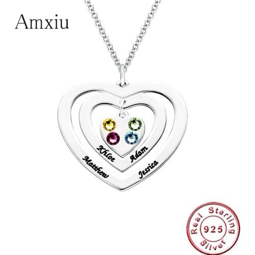 Amxiu Real 925 Sterling Silver Heart Necklace Engrave 4 Names with Birthstones Zircon Pendant Necklace For Women Mothers Gift