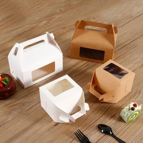 10pcs White Kraft Paper Cake Gift Box With Handle Transparent Window Mousse Cupcake Packaging Boxes Wedding Birthday Favor Bag