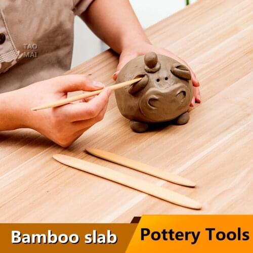 2PCS Pottery Art Flat Bamboo Round Head Clay Sculpture Tools Pottery Art Tools Carved Printing Clay Sculpture Modeling Tools