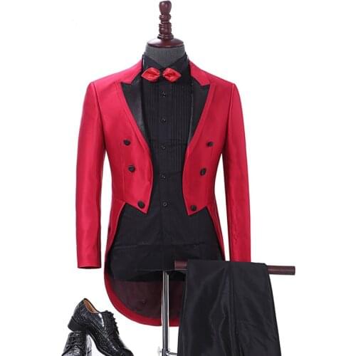 2019 Elegant Men Suit Red Tailcoat Mens Suits For Wedding Dinner Groom Tuxedo Jacket Pants 2Pcs Custom Made Big Size