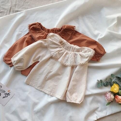 Girls 2018 Autumn Cotton Blouses Kids Ruffles Collar Shirts Children Princess Fashion Party Lace Blusas Baby Cute Clothing