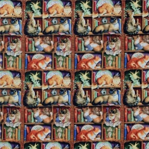 Retro Bookshelf Cat Books Print 100% Cotton Fabric for Boy Clothes Hometextile Cushion Cover Backpacks Mask Scarf DIY