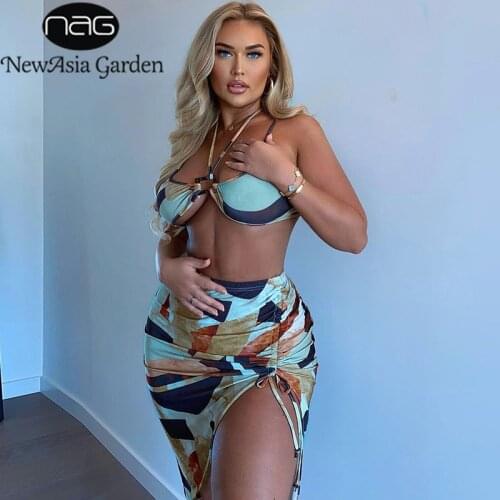 NewAsia Print 2 Piece Skirt Set Crop Tank Top Drawstring Ruched Tie up Midi Skirts Sets Women Summer Sexy Casual Matching Sets