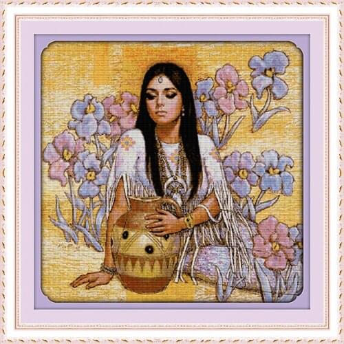The Beauty and Ceramic Pot Counted Cross Stitch 14CT 11CT Canvas Printing DIY Embroidery Kits Home Decor Painting Needlework Set