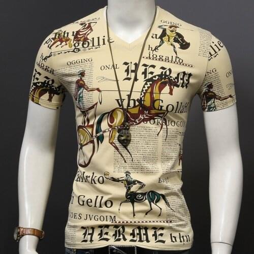 Summer Mens V-Neck T Shirt Trend Short Sleeve Personalized Print Tshirt Fashion Slim Tee