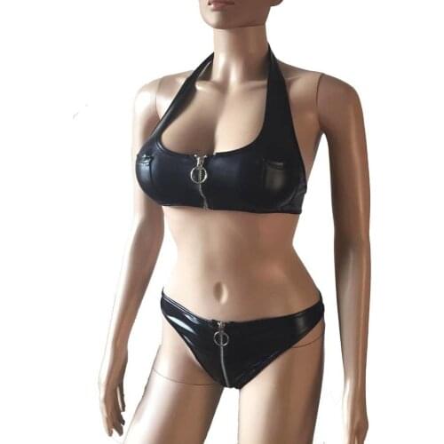 Hot Sexy Faux Leather Wet Look Halter Bra Top Briefs Panties Bikini Set Front Zipper Women Body Harness Fetish Costume