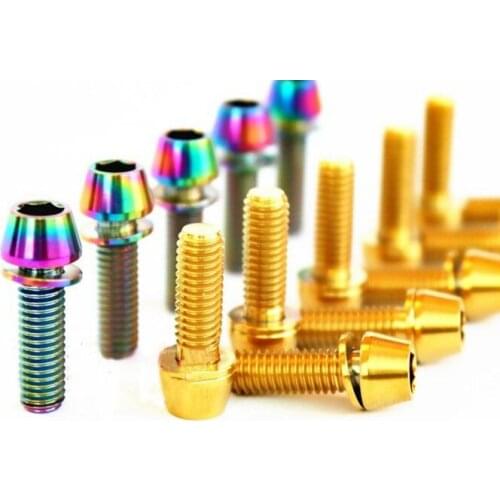 LOT4 M6*1.0 18/20mm Color Ti/Golden/Rainbow GR5 Titanium Cone Head Screw Bolts With Washer For Bicyle Stem