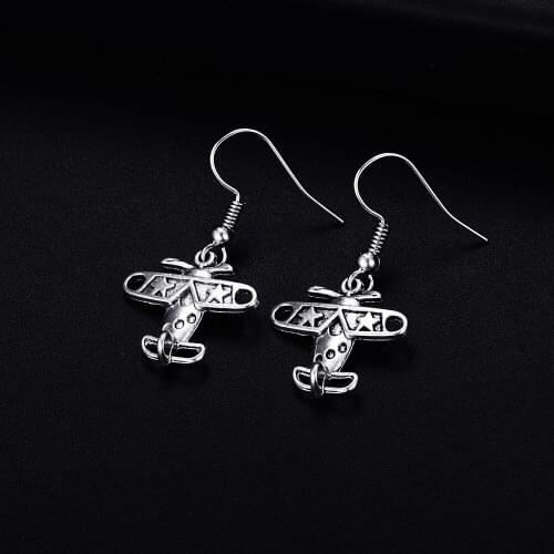 Trendy Vintage Airplane Shape Dangle Antique Silver Plated Earrings for Women Girl Retro Drop Earrings Cute Earring Jewelry