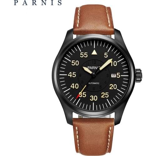 Parnis 44mm Automatic Mechanical Mens Watch Leather Strap Miyota Movement Luminous Military Calendar Clock Wristwatch Men