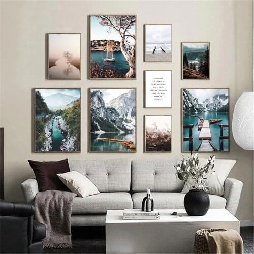 Lake Boat Snow Mountain Nordic Poster Forest Landscape Scandinavian Wall Art Print Painting Modern Picture For Living Room Decor