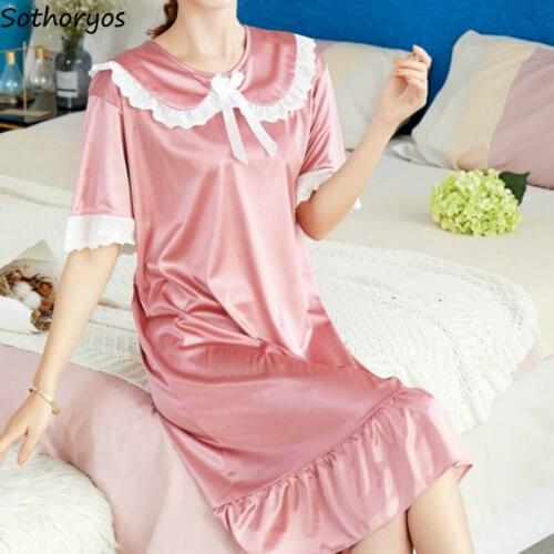 Nightgowns Women Female Sleepshirts Silk Sweet Homewear Satin Soft Loose Knee-length Peter Pan Neck Bow Lace Simple Solid Chic