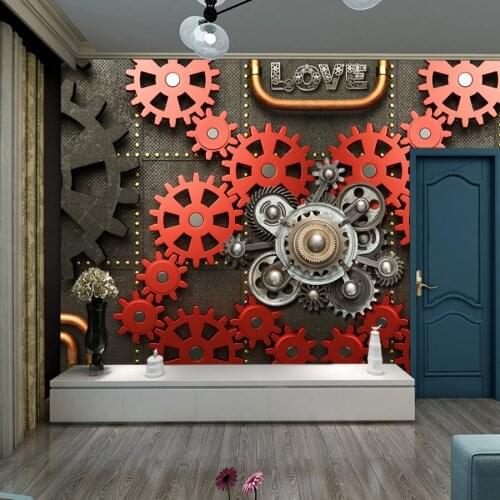 Custom Red Gear Retro Wallpaper 3d Walls Murals for Living Room Sofa Background Self Adhesive Wall Prints Decor Papel De Parede