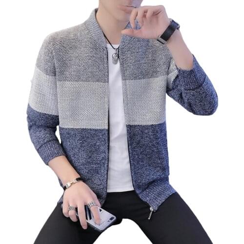 2020 Autumn Men Long Sleeve Knitted Sweater Thick Warm Color Block Zip Jacket Coat men clothing мужская куртка chaquetas hombre