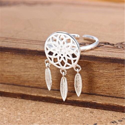 Personality fashion literary versatile comfort dream catcher feather opening silver plated rings SA058
