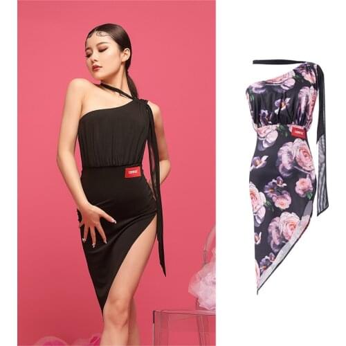 Latin Dance Dress for Women Female Ballroom tango Cha Cha Rumba Costumes Perspective Dresses Halter Sleeveless Slit Dress XS2006